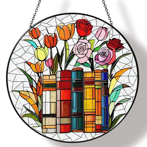 RVEAFA Flower Book Stained Glass Sun Catcher Wall Decor