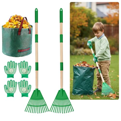 2 Pack Kids Adjustable Leaf Rake Set 28 to 34 with Detachable Wooden Handles Lightweight Plastic Head Designed for Kids Includes 2 Pairs of Gloves & Leaf Bag (Green)