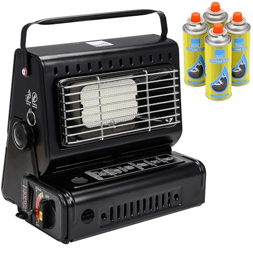 Taylor & Brown 2in1 Portable Gas Heater & Stove + 4 Butane Gas Bottles Canisters - For Outdoor Camping Fishing & Caravan - Emergency Safety Grill Auto Ignition Carry Handle & Temp Control
