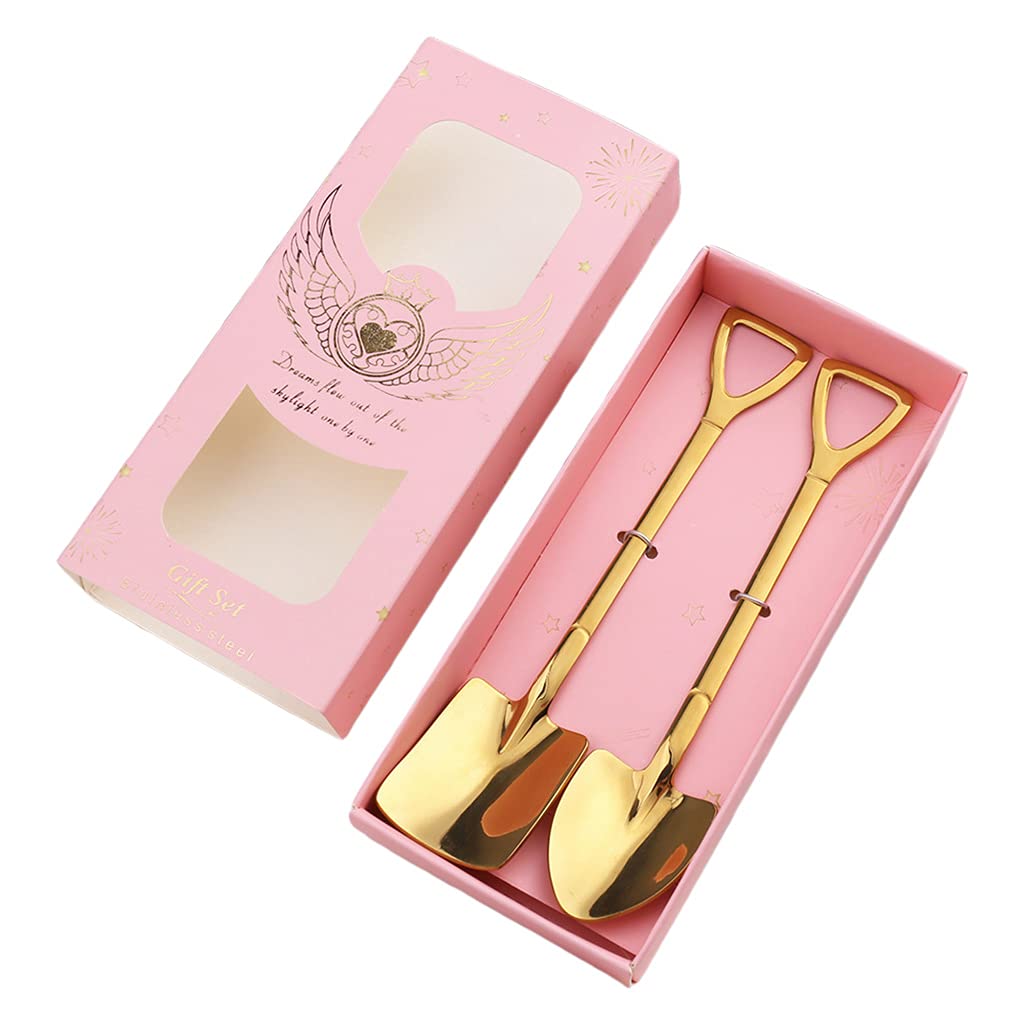 Lot de 2 cuillères à café rétro en acier inoxydable en forme de pelle à crème glacée pastèque gâteau sucre dessert cuillère à café avec boîte en forme de pelle cuillère à café