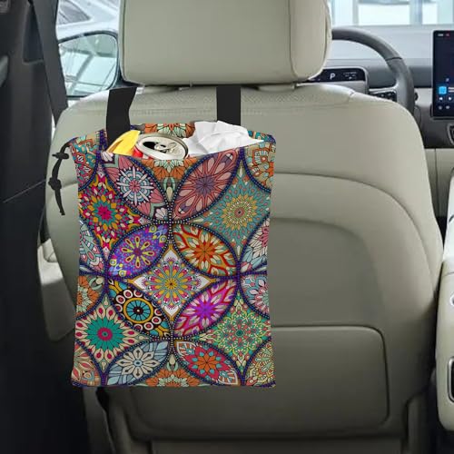 Image of Car Trash Bag Hanging Mandala Flower Car Trash Can Waterproof Garbage Bag Hanging for Car Back Seat