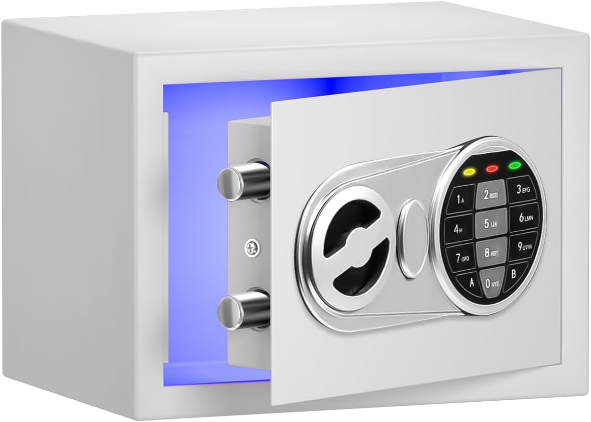 Safe Box with Sensor Light, Security Safe with Digital Keypad, Steel Construction, Hidden, Wall or Cabinet Anchoring Design (White)
