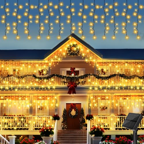 Gcstnn Solar Eiszapfen Lichterkette Außen, 4x1M 200 LEDs Solar Lichtervorhang, 8 Modi IP65 Wasserdicht Lichterketten Vorhang für Patio Gazebo Zaun Garten Fenster Weihnachts Dekoration-Warmweiß