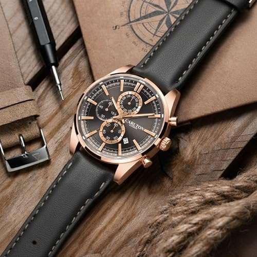 Image of Carlton London Windsor Men Analog Watch, Round Dial, Leather Strap, Quartz Movement, 43 mm Case, Slim Design, Lightweight Comfort, 30M Water Resistant, Casual Formal Wear