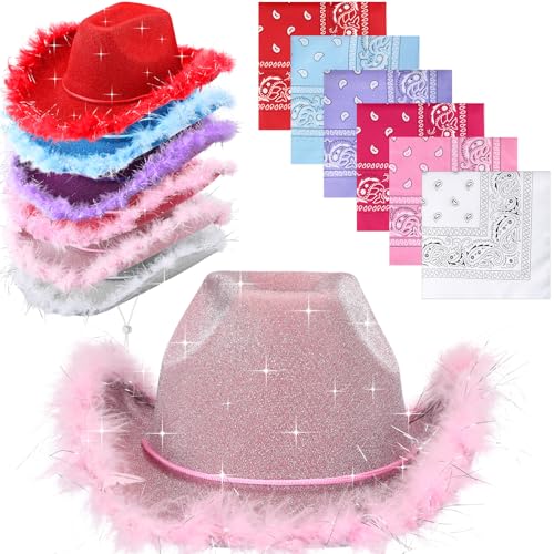 Image of Coume 12 Pcs Sparkly Adults Cowboy Hat and Bandanas Women Men Western Glitter Cowgirl Party Hats with Adjustable Drawstring