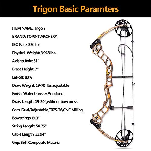 TOPOINT Trigon Compound Bow Full Package,CNC Milling Riser,USA Gordon Composites Limb,BCY String,19"-30" Draw Length,19-70Lbs Draw Weight,IBO 320fps (Black CAMO)
