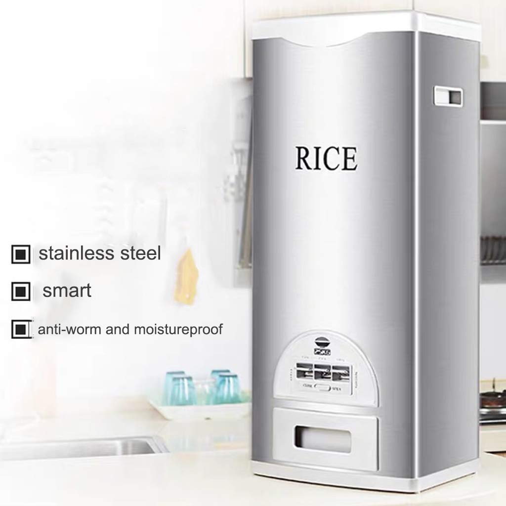 Distributeur automatique de riz, conteneur de stockage de en acier inoxydable, organisation du riz(Black,20kg/44lb)