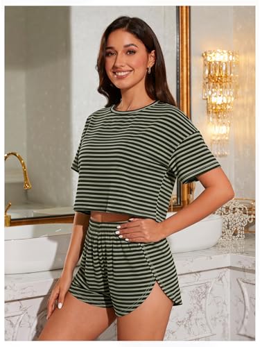 Image of OYOANGLE Womens Pajama Sets 2 Piece Sexy Lounge Sets Summer Cute Pjs Striped Print Tee and Side Split Shorts Set