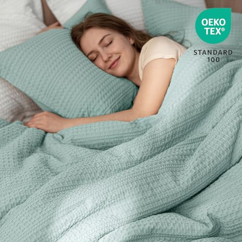 Image of PHF Soft Waffle Comforter Set Queen Size- Comfy Breathable Waffle Weave Comforter with 2 Pillow Shams, 3 Pieces Less Snagging Lightweight Textured Bedding Set for All Season, Aqua