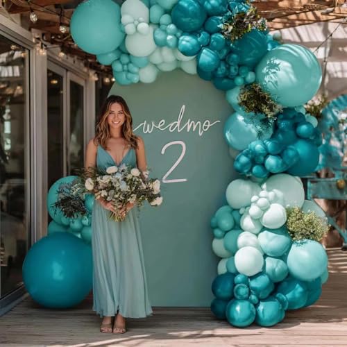Image of Teal Blue Balloons Double Stuffed Mint Blue Balloon Garland Arch Kit Metallic Peacock Balloons Different Sizes for Birthday Baby Shower Winter Bridal Prom Party Decorations