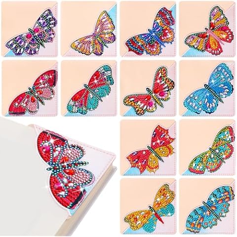 Ireer 12 Pcs 5D Diamond Painting Corner Bookmark Rhinestone PU Leather Diamond Painting Bookmark Triangle Diamond Art Bookmarks for Home Office Beginner Adults Birthday Gift(Butterfly Style) Cover