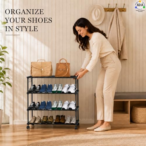 Image of ADA Premium High Density Iron Shoe Rack, Easy to Assemble Space Saving 4 - Tier Shoe Organizer, Heavy Duty Multifunctional Shoe Cabinet - Black