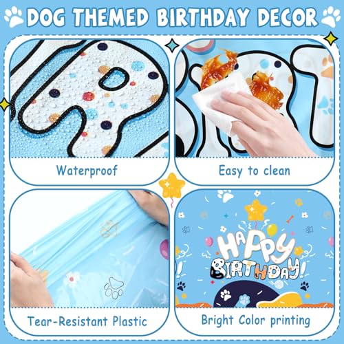 Image of Oudain 3 Pack Blue Dog Party Tablecloth Dog Them Birthday Decor 108'' x 54'' Blue Yellow Plastic Table Cloth Puppy Paw Prints Bone Disposable Rectangle Table Cover for Baby Shower Party Supplies