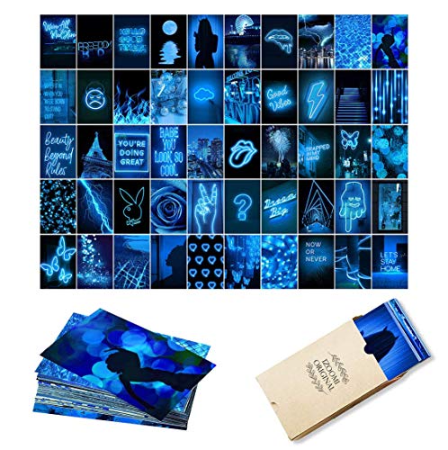 50PCS Blue Neon Wall Collage Kit Aesthetic Pictures, Aesthetic Room Decor, Bedroom Decor for Teen Girls, Wall Collage Kit, VSCO Room Decor, Photo Wall, Aesthetic Posters, Collage Kit