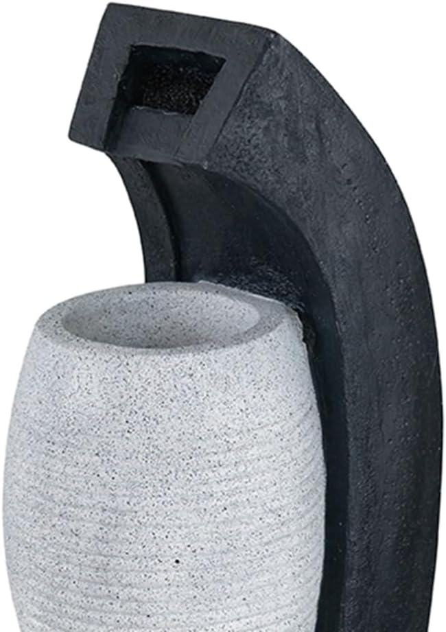 Sculptural Indoor Outdoor Water Fountain with Bowl Basin, (Black White + Polyresin + Contemporary + Minimalist + Modern)