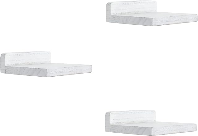 PHOENANCEE Small Floating Shelves Decoration for Wall, Mini Display Hanging Shelf, Wall-Mounted Wood Shelf for Small Objects, 12.7x10x4cm, Set of 3(Weathered White)