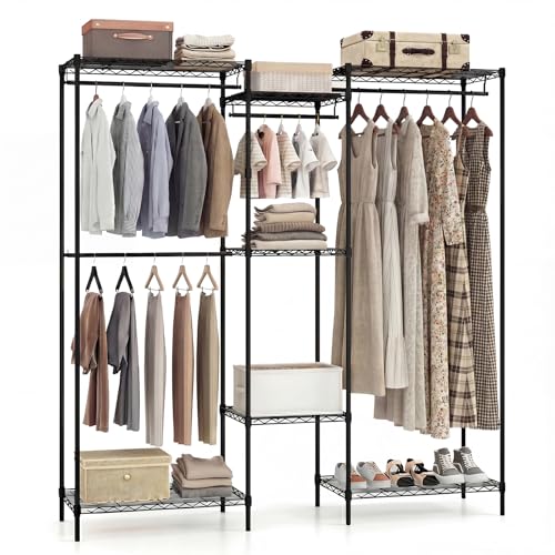 Giantex Portable Wardrobe, Convertible Clothes Organizer with L-shape & Horizontal Installation, Heavy-duty Metal Garment Rack w/Adjustable Metal Wire Shelves, Max 530 kg Load