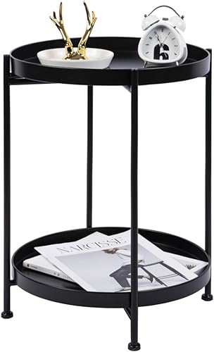 NC Modonery - Mesa auxiliar redonda de metal de 2 niveles de 15.7 pulgadas de diámetro con bandeja de almacenamiento extraíble para sala de estar,