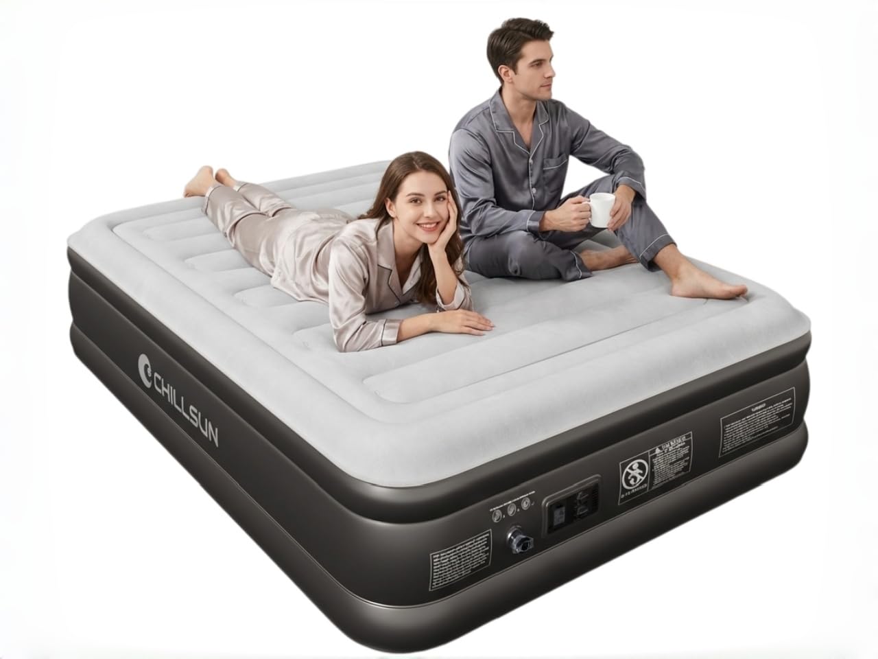 CHILLSUN Queen Size Airbed, 203cm L x 152cm W x 46cm H Inflatable Mattress, Air Bed with Built in Pump, Upgraded Blow Up Mattress in 3 Mins Fast Inflation for Camping and Home Use