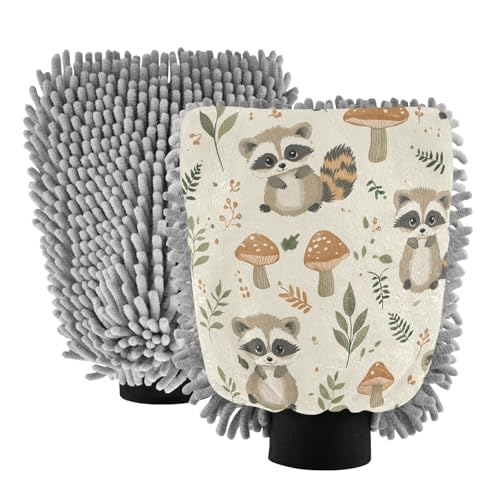 STAYTOP Cute Raccoons Car Wash Mitt Microfiber, 2Pcs Scratch Free Lint-Free, Premium Chenille Microfiber Mitt Car Wash Brush-M