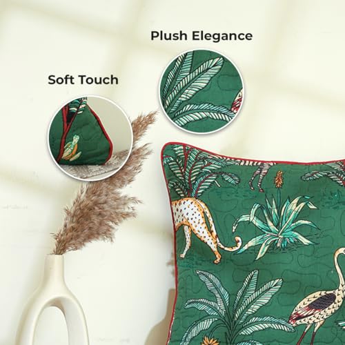 Image of Green Forest Animal Print Quilted Cushion Covers - Pack of 2, 24x24 Inch / 60x60 cm Large Square Throw Pillow Covers for Sofa, Bed & Home Decor