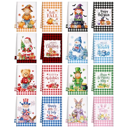 Bencailor 16 Pcs Seasonal Kitchen Towels Set for All Holidays Spring Easter Summer Hand Dish Tea Towels Bulk Absorbent Dishcloths Housewarming Gift for Cooking Kitchen Bathroom