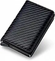 Carteira Masculina Slim Porta-Cartões com Proteção RFID Antifurto Automática Fibra de Carbono Compacta Preta em Couro Sintético