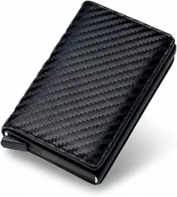 Carteira Masculina Slim Porta-Cartões com Proteção RFID Antifurto Automática Fibra de Carbono Compacta Preta em Couro Sintético