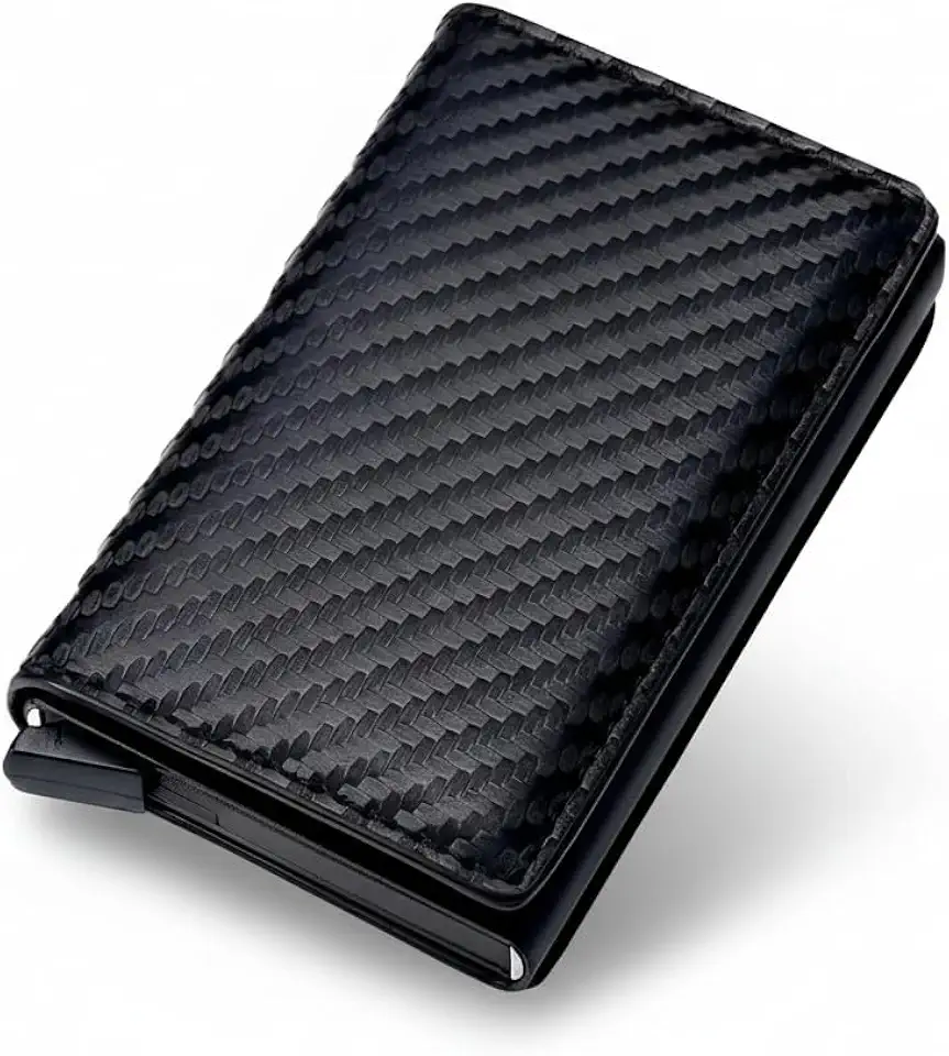 Carteira Masculina Slim Porta-Cartões com Proteção RFID Antifurto Automática Fibra de Carbono Compacta Preta em Couro Sintético