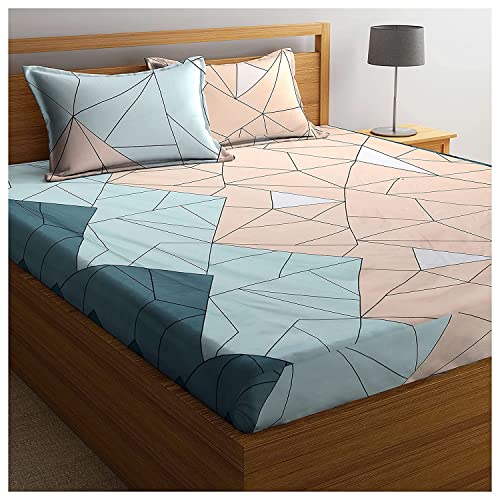 DECOMIZER Cotton Feel Glace Cotton Elastic Fitted Printed King Size Double Bed Bedsheet with 2 Pillow Coverm Fits Upto 8 inches Mattress,Size- 72x78x10 Inches,Beige Green Triangle