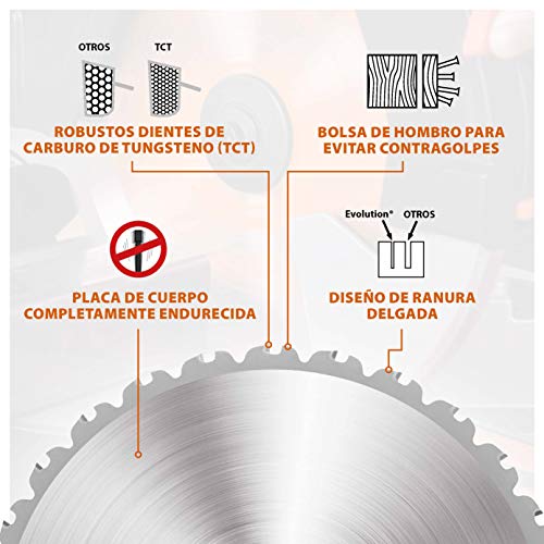 Miniatura 5 de Evolution Power Tools - R255tct Hoja De Sierra Multiuso Con Punta De Acero De Carburo Rage, Corta Acero Dulce, Aluminio, Plástico, Incluso Madera Con Clavos Incrustados, 255 Mm