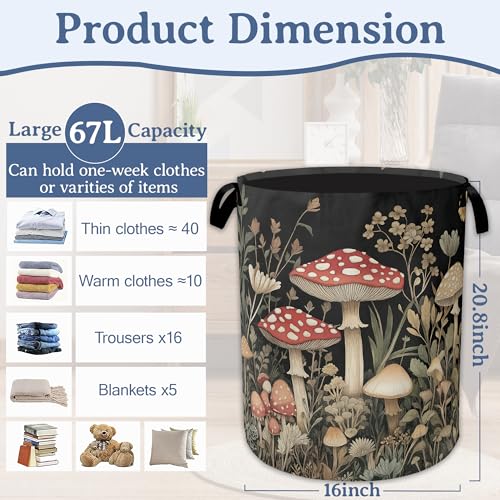 Image of Red Mushrooms Laundry Basket,Foldable Waterproof Oxford Cloth Tote Bag Wildflower Plant Berries Laundry Hamper with Handles,20.8 inchx16 inch Clothes Storage Bucket Organizer for Laundry Room Bathroom Bedroom