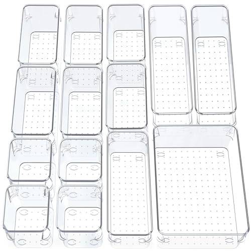 SMAZIUL 14 Pcs Clear Drawer Organiser with 4 sizes Desk Organizer ideal for organizing cosmetics, makeup, jewelry