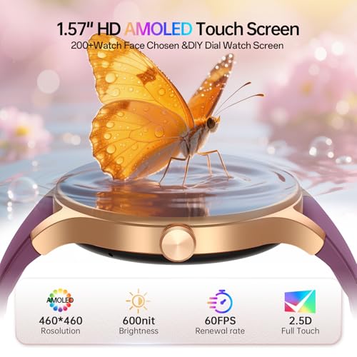 Image of Woneligo Smart Watch for Women,1.57inch AMOLED Touchscreen Fitness Watch for iPhone & Android,Heart Rate /Sp02 /Sleep Monitor,110+ Sport Modes IP68 Waterproof Bluetooth Calls (Purple, 1.57)