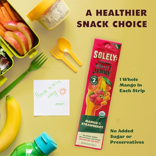 Image of SOLELY - Organic Mango Strawberry Fruit Jerky - 12 Individually Wrapped Fruit Strips - Fruit Leather - Healthy Snacks for Adults & Kids - Non GMO, Vegan Snacks - 0.8oz (23g)