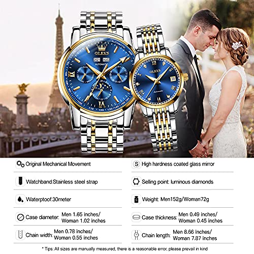 Image of OLEVS Men's Business Watch Gold Blue with Large Easy-Read Analog Quartz Date Display Luxury Stainless Steel Band Waterproof Luminous Hands