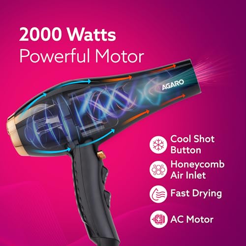 Image of AGARO HD-1130 2000 Watts Professional Hair Dryer with AC Copper Motor, Concentrator, Diffuser, Comb, Hot & Cold Air, 2 Speed 3 Temperature Settings with Cool Shot, For both Men & Women, Black