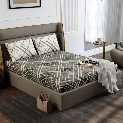 Image of Stoa Paris 100% Cotton King Size Fitted Bedsheet with 2 Pillow Covers, 180TC Printed Bedding Set, All-Season Comfort, Soft & Lightweight, Home Decor, Urbanscape - Beige Boulevard (182cmx198cm+30cm)
