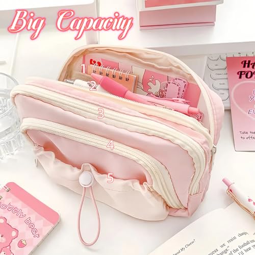 Image of FINPAC Pencil Case, 5-Layer Large Capacity Pen Case with Drawstring, Durable Stylish Bag Pouch Holder Box Organize for Study, Office, or Travel (Pink)