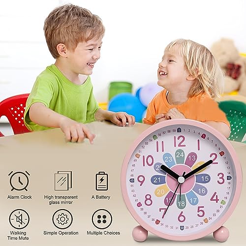 GDWD Wecker Kinder für Jungen Mädchen, Kinderwecker Digital Ohne Ticken, Lernwecker Lernuhr Weckuhr Kinderuhr Snooze Analog Lichtwecker, Quarzwecker mit Nachtlicht, Batteriebetrieben Weckuhr (Rosa)