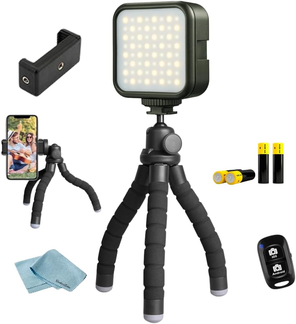 Flexible Mini Tripod, Camera Flash, 4 AA Batteries & Cleaning Cloth for Cameras, Smartphones & Content Creators - BluebirdSales Vlogging Starter Kit