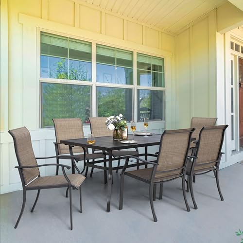 NUU GARDEN 7 Pieces Patio Dining Set, All-Weather Outdoor Furniture with 6 Textilene Dining Chairs and 61" Rectangle Metal Dining Table with Umbrella Hole for Patio Deck Garden, Black and Brown - Thumbnail 3