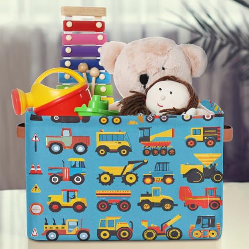 Image of Cartoon Construction Storage Baskets for Organizing, Fabric Collapsible Storage Bins Box Cars Tractors Bulldozers Decorative Toy Organizer Baskets for Closet Shelves Gift Basket 2Pcs