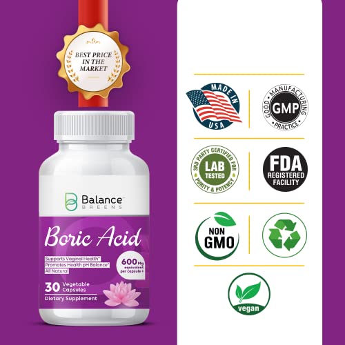 Balance Breens Boric Acid Vaginal Suppositories 600 Mg - Intimate Health Support, Promotes Healthy Ph Balance - 30 Vaginal Use Capsules #TOP2
