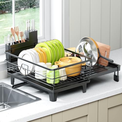 TOOLF Expandable Dish Drying Rack for Kitchen Counter, Black