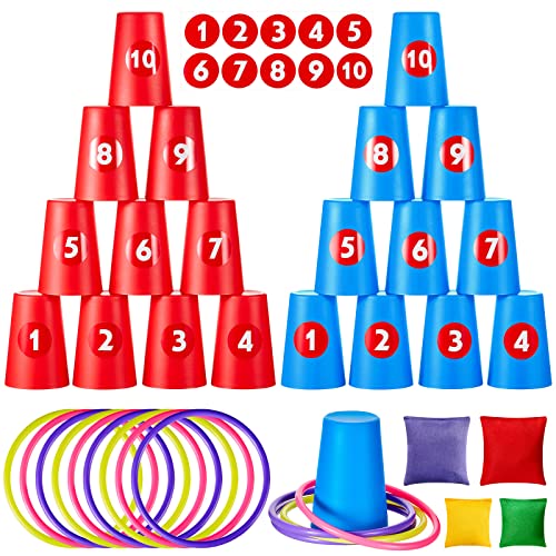 Harrycle 54 Stück Wurfspiel 3 in 1 Set Kinder Ringwurfspiel für Party Erhalten 20 Sport Stapelbecher 10 Wurfringe 20 Zahlen Aufkleber und 4 Bohnensäckchen für Kinder Geburtstag Garten Werfen Draußen
