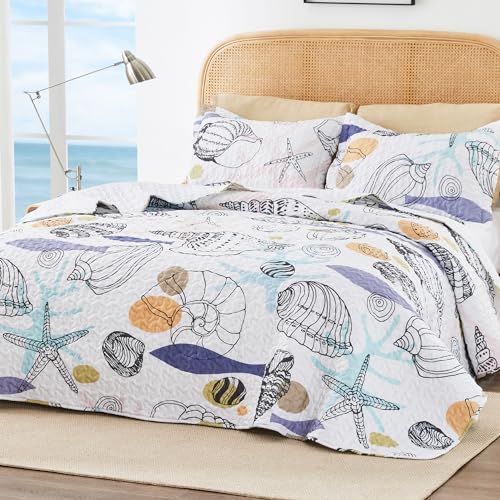 Love'S Cabin King Size Quilt Coastal Bedding Set Conch White Bedspreads - Summer Beach Nautical Quilt Lightweight Bedspread- Reversible Coverlet For All Season thumb #1