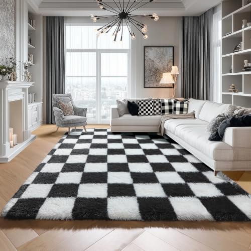 Image of KICMOR Rugs for Living Room, 5x8 Area Rug Black and White Fluffy Shag Soft Checkered Rug Large Fuzzy Plush Furry Shaggy Carpet for Bedroom, Kids Boys Girls Teen Dorm Nursery Home Decor Aesthetic