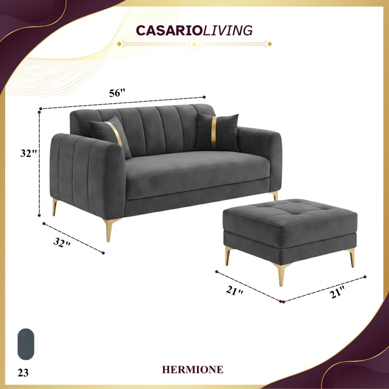 Image of Hermione Luxe Velvet-Suede Fabric 2 Seater Sofa Set with Ottoman | Golden Legs | Comfortable Seating | Modern Sofa for Living Room - Dark Gray