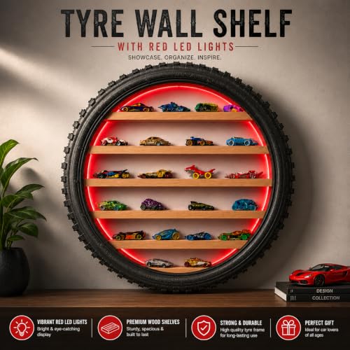 Image of Wall Mounted Tire Display Shelf with LED Lights for Kids Room | Wooden Circular Tyre Rack, Die-Cast Cars, Toy Car Organizer Storage, Handmade Tire Shape Floating Shelf